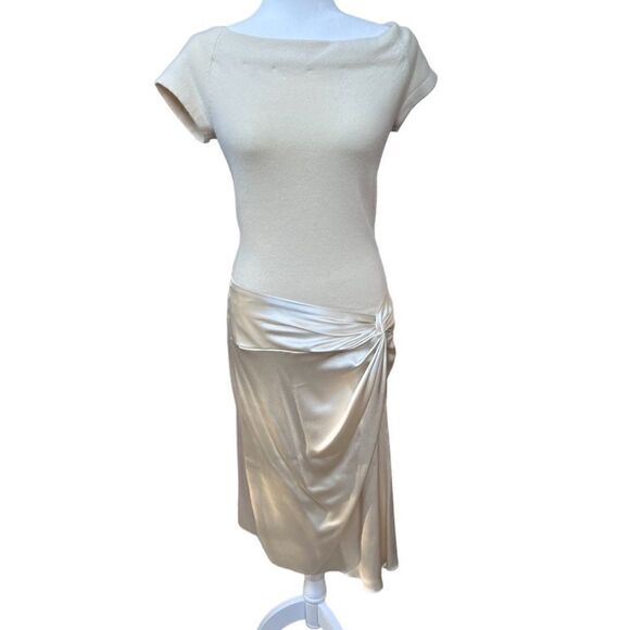 Vintage Kevan Hall Designer Dress Cashmere and Satin Short Sleeve Ivory Cream - Picture 2 of 13